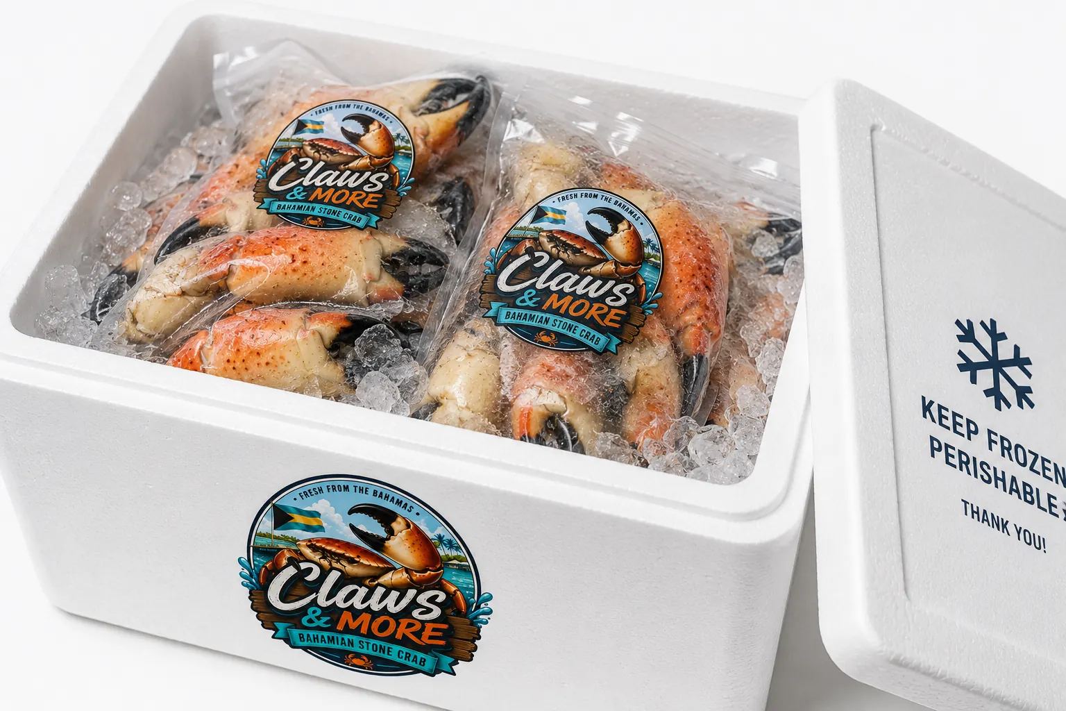 Ice-pack cold-chain packaging for fresh stone crab claw delivery in Florida